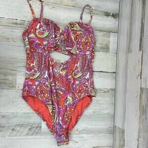 Jessica Simpson Womens large Floral O Ring cutout one piece swimsuit new swim